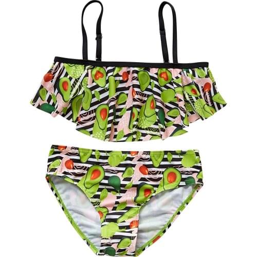2021summer Girls Swimsuit Split Bikini Swimsuit Avocado Print Childrens Ruffled Two-piece Swimsuit Sets For 3-10y #l12