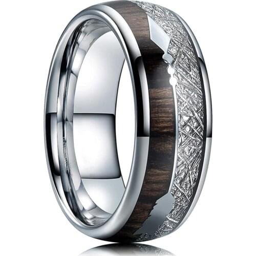 8mm Tungsten Carbide Stainless Steel Rings Inlay Hawaiian Koa Wood Meteorite Arrow Mens Wedding Band Jewelry