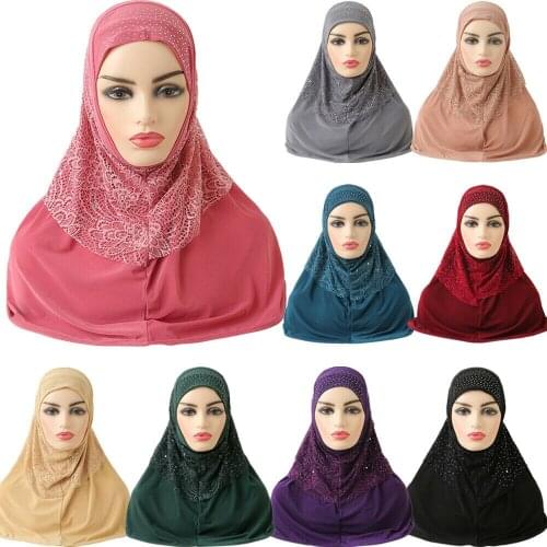 Fashion Rhinestones Lace Instant Hijab Casual One-peice Women Muslim Wear Turban Best Gift Free Size 70x60CM