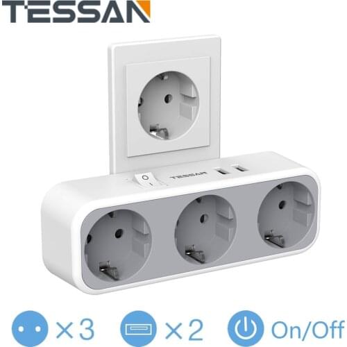 TESSAN Wall Socket Adapter with Switch 3 AC Outlets and 2 USB Ports, EU Multiple Sockets Compatible for Phone/Laptop/Camera