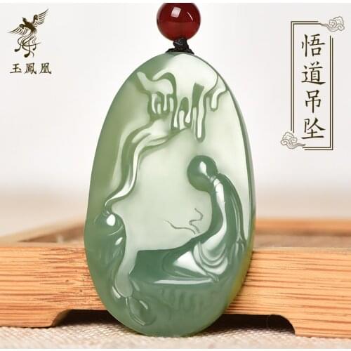 Natural hetian jade A green jade pendant handcarved guan yin Buddha jade pendant jadeite jade necklace jewelry men necklace