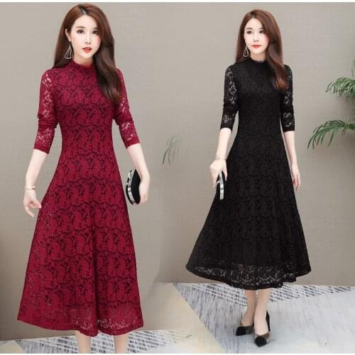Autumn O-neck Dress Women Slim Large Size Fashion Lace Vestidos Stitching Mid-length Long-sleeved Bottoming Dresses Female A975