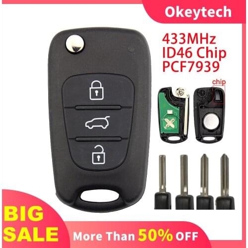 OkeyTech 3 Button Flip Car Remote Key For Hyundai Santa Fe I20 I30 Ix25 Ix35 Sportage For Kia K2 K5 Sportage 433Mhz ID46 Chip