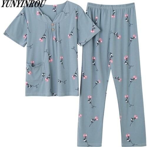 Summer Brand New Womens Pajama Sets Elegant Nightwear Women Pajamas Plus Short Sleeved Long Pants Sleepwear 4XL Femme Homewear