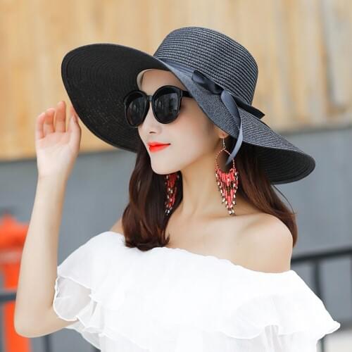 Summer Straw Hat Women Big Wide Brim Beach Hat Boho Sun Hat With Silk Ribbon Bowknot