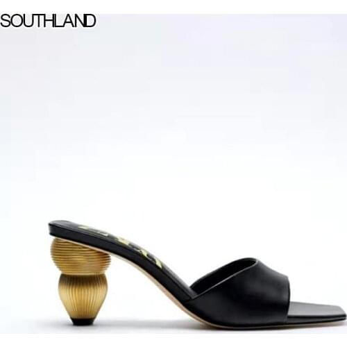 SOUTHLAND Summer New Style Ladies Mid Heel Sandals Solid Color Open Toe Slippers Square Head Womens Shoes Outdoor Plus Size 40