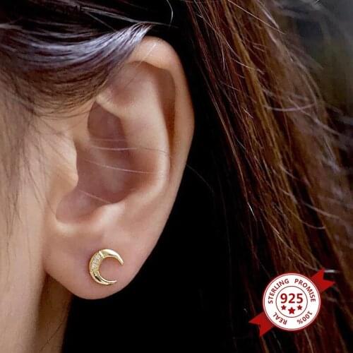 925 Sterling Silver Ear Needle Moon Stud Earrings for Women Minimalist Crystal Earrings Tiny Office Daily Jewelry Accessories