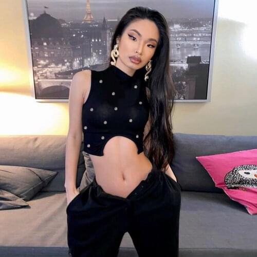 Women 2021 Sweet Fashion Diamond Knitted Vest Sweater Vintage High Neck Sleeveless Female Waistcoat Chic Irrugular Top Sweetwear