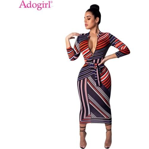 Adogirl Irregular Stripe Print Women Casual Dress Zipper V Neck Long Sleeve Bodycon Midi Night Club Party Dress with Belt