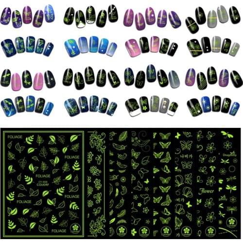 1pc Luminous Adhesive Nail Sticker Halloween Leaf Flower Butterfly Feather Luminous Nail Art Sparkling Sticker Decorative