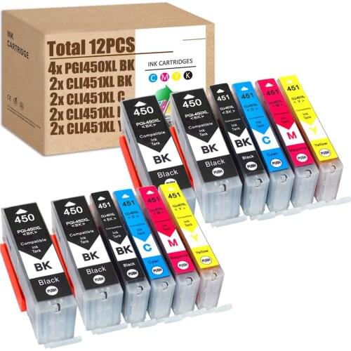 12PCS For Canon 450XL 451XL Ink Cartridges PGI-450 / CLI-451 for Pixma MG5540 MX924 MG6340 MG6440 iX6840 MG7540 Ip8740 printers