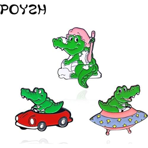 3 Styles Green Crocodile Enamel Pin Cartoon Animal Brooches Red car UFO Brush bath cap Cute jewelry Badge Childrens gifts