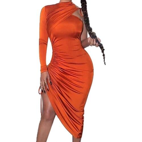 Long Sleeve Off Shoulder Solid Color High Neck Slant Shoulder Fashion Dress Asymmetry New Dress Womens Irregular Slim Fit