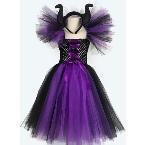 1-9Y Girls Black Purple Maleficent Witch Tutu Dress Kids Crochet Dress Ball Gown with Headband Children Halloween Costume Dress