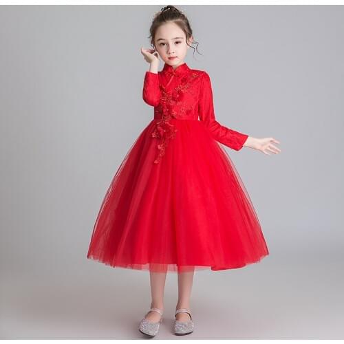 Flower Girl Party Chinese Style Wedding Bridesmaids Dress Girls Lace Birthday Party Graduation Party First Eucharist Dress