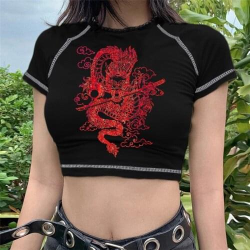 Woman Tshirts Y2k T-shirts Goth Crop Top Aesthetic Vintage Street Dragon Shirt Harajuku Punk Shirt Anime T-shirt 2021 New Gothic