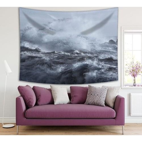 Tapestry Rough Sea on the Rocky Northern Portuguese Coast Big Ocean Waves Crashing on Cliffs Black White