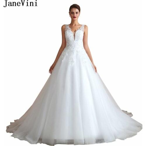 JaneVini Sexy V Neck White Long Wedding Dresses 2019 Lace Appliques Bling Sequins Sheer Back Tulle Bridal Gowns Vestido De Noiva