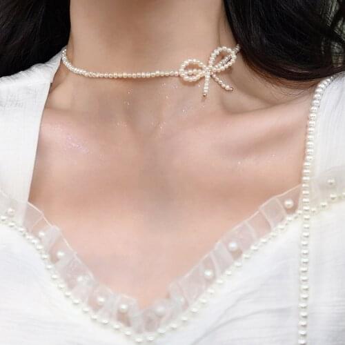 Lily Jewelry Choker Necklace 925 Sterling Silver Real Pearl Bowknot Necklac e Party Wedding Birthday Women Jewelry Gift 38+5cm