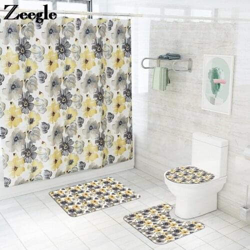 Bathroom Carpet Rug Floralr Printed Bath Mat and Waterproof Shower Curtain Set Memory Foam Anti-slip Toilet Mat Foot Mat