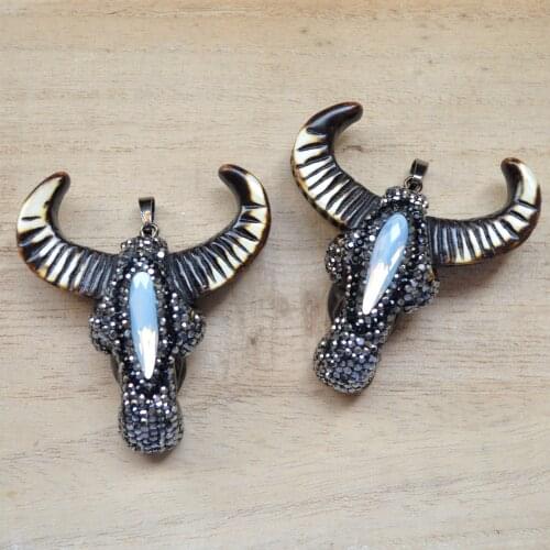 Longhorn resin cattle skull pendant with white oopal crystal zircon paved, buffalo head jewelry finding pendant