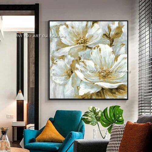 The Best White Golden Foil Plant Hand-painted Abstract Art Oil Painting On Canvas Paintings For Home Decor Arts Large Flower