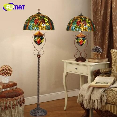 FUMAT Vintage Classic European Style Stand Floor Lamp Tiffany Stained Glass Grapes Shade Home Decor Living Room LED Floor Lights