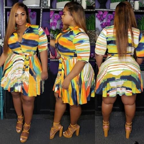 Retro Shirt Dress Color Stripe Print Half Knee Skirt Women Dresses Summer 2021 New Fashion African Dresses Sexy Vestidos XL 4XL