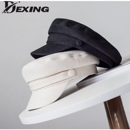 Fashion Spring Summer Military Hat Sailor Hat for Women Black White Flat Top Female Travel Cadet Hat Captain Cap