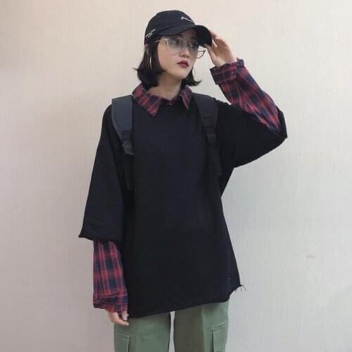 Deeptown Korean Style Plaid Patchwork Hoodie Women Harajuku Vintage Sweatshirt for Teen Oversized Long Sleeve School Clothes