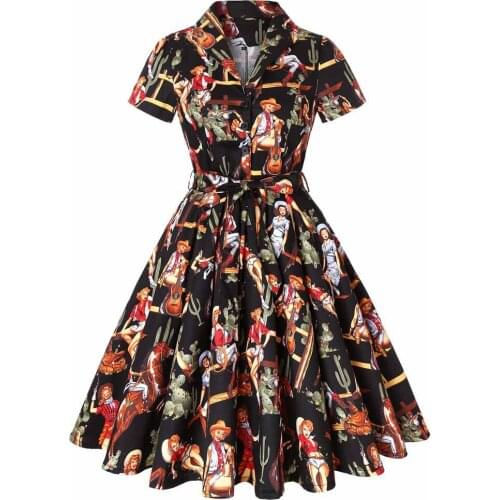 50s Cotton Plus Size Retro Rockabilly Vintage Dress SD0002 Black with Cowgirl Print Short Sleeve Women Ladies Summer Dress