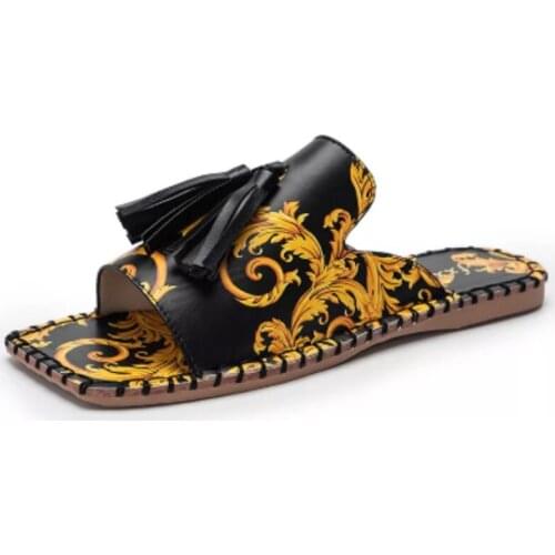 2021 Women Sandalias Tassels Shoes Beach Slides Retro Print Summer Shoes For Women Womens Summer Flip-flops