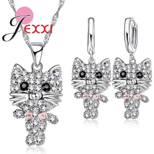 Cartoon Kitten Design Jewelry Sets Trendy Party Accessory 925 Sterling Silver Necklaces Drop Earrings Sets Gifts for Women