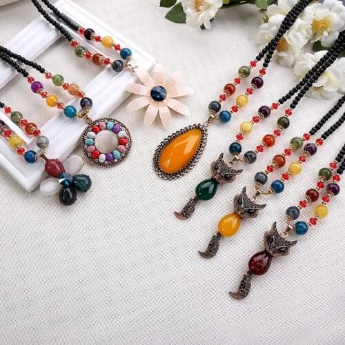 Bohemian Women Multicolor Beads Handmade Necklace Fox Inlaid Rhinestone Beaded Necklace Crystal Necklace Ladies Gift Pendant