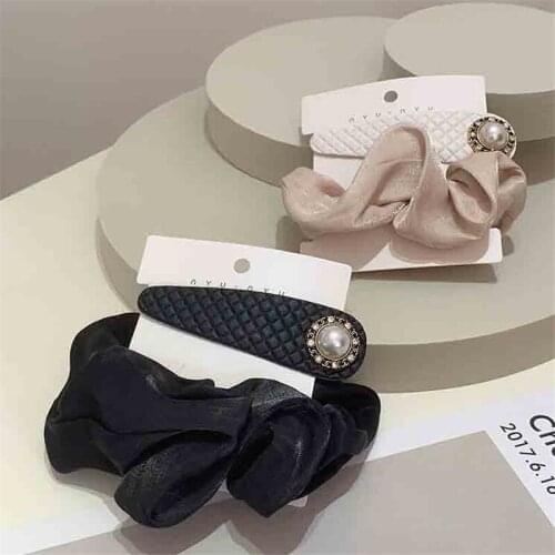 2Pcs/Set Pearl Hairpin Mercerized Large Intestine Ring Wild Black And White Leather Hair Accessories
