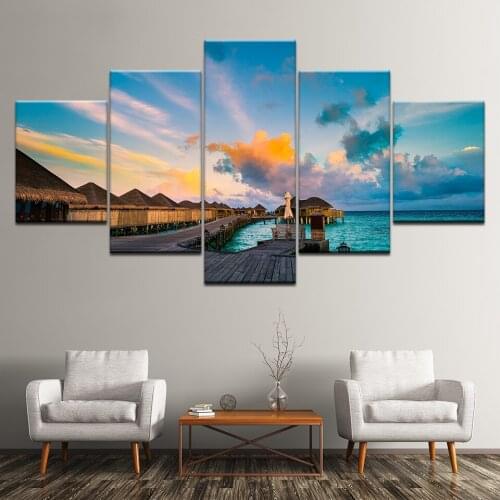 Canvas Painting Seaside Chalet blue sea ocean 5 Pieces Wall Art Painting Modular Wallpapers Poster Print living room Home Decor