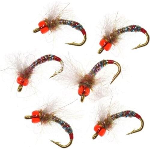 6PCS Life-like Single Metal Barbed Hook Fly Lure Fishing Copper Bead Head Lure Nymph Flies Trout Artificial Fly Fishing Bait