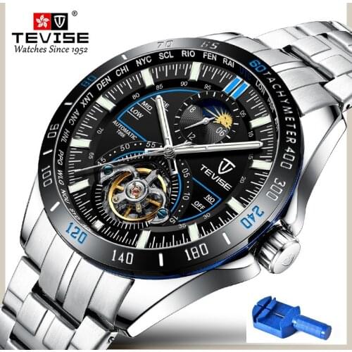 TEVISE Automatic Watch Men Moon Phase Tourbillon Skeleton Watch Mechanical Wristwatches Causal Male Clock Relogio Masculino