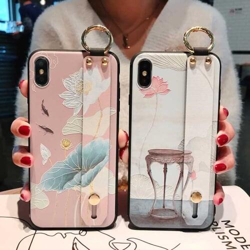 Boucho Wrist Strap Phone Case For iphone 8 7 6 plus Case For iphone 12 11 Pro X Xs max XR Relief Flower Floral Pattern Soft Case