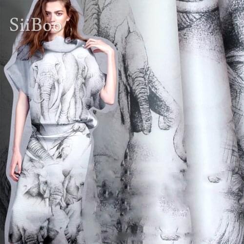 Designer black white elephant print 100% silk organza fabric for dress pure silk fabric for sewing tela tejido 14mm SP3166