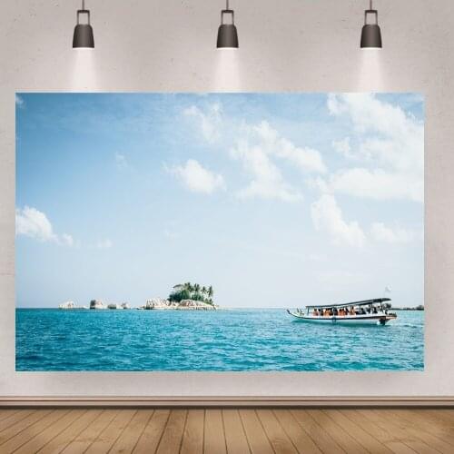 Blue Sea with Boats and Small Island Scenery Studio Photography Backgrounds Art Shooting Backdrops Custom Booth