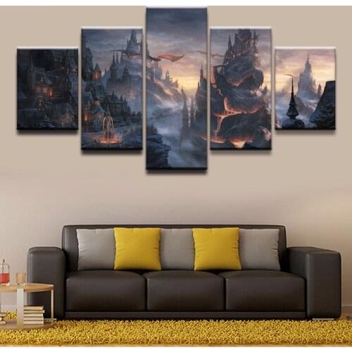 JIE DO ART Canvas Wall Art Poster Home Decoration 5 Panel Fantasy Poster Dragon House Lava Mountain Pictures Modular Painting