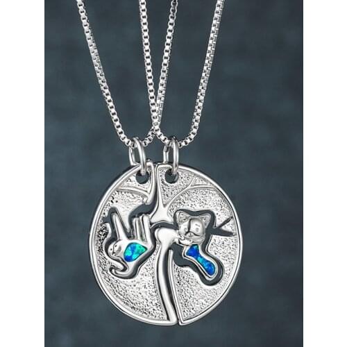 Dainty Small Fox Animal Necklace Blue Fire Opal Round Detachable Pendant Necklace Classic Silver Color Chain Necklaces For Women