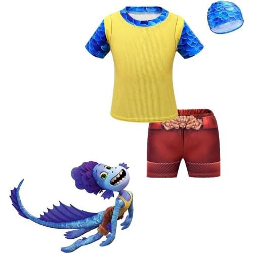Disney Pixar Luca Alberto Sea Monster Cosplay Childrens Swimsuit 3Pcs/Set Swimming Trunks Swimming Cap Kids Casual Clothes Sets