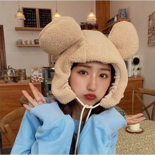 Cute Bear Ears Lamb Fur Ski Cap Female Winter Warm Thickening Ushanka plus Velvet Windproof Earflaps Plush Hat