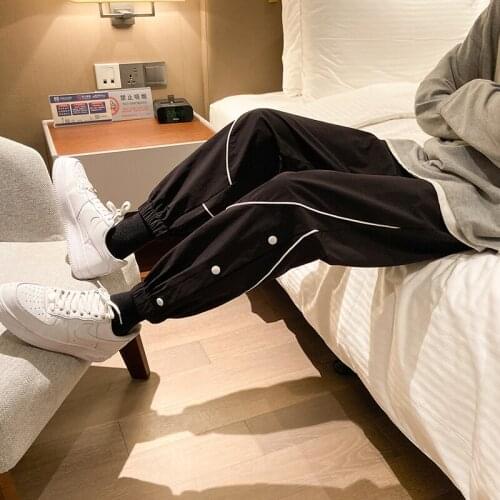 Fashion Mens Side Butten Harem Pants Streetwear Trousers Man 2021 Casual Elastic Waist Oversized Jogger Sweatpants Male Black