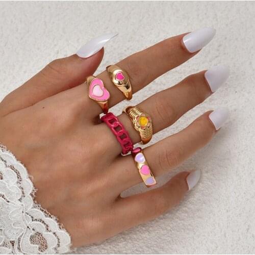 Fashion Colorful Dripping Love Heart Rings Set Sweet Geometric Glossy Gold Rings Set Trend Jewelry Accessories