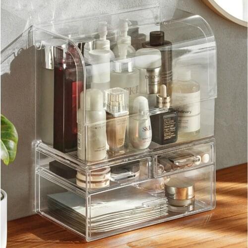 Transparent desktop PP organizer girls women cosmetics storage boxes stactable large capacity makeup container