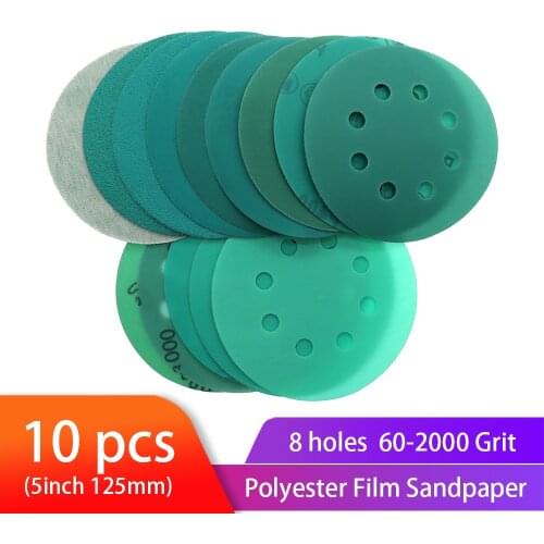 10PCS Polyester Film sandpaper 5 Inch 125mm 8-hole Wet/Dry Hook & Loop Flocking Green Sanding Discs Paint Abrasiv, 60#-2000