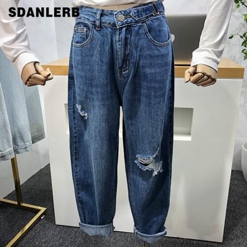 2021 Spring Summer New Korean Style Ripped Jeans Womens Straight Trousers Loose Long Baggy Pants High Waisted Casual Pants